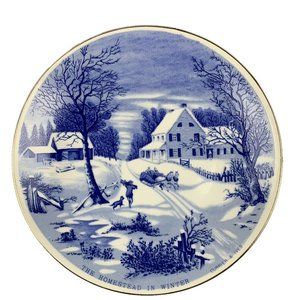 Currier and Ives "The Homestead In Winter" Vintage Blue and White Plate